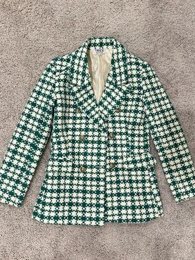 Green & White Tweed Double-Breasted Blazer